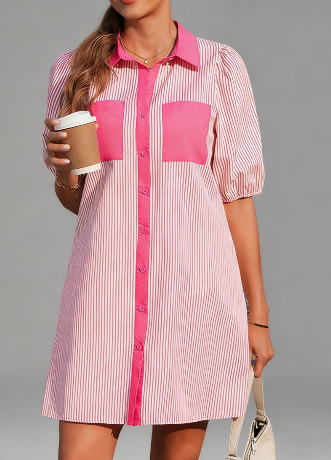 2026 Casual, loose fitting, simple printed color-blocked V-neck dress