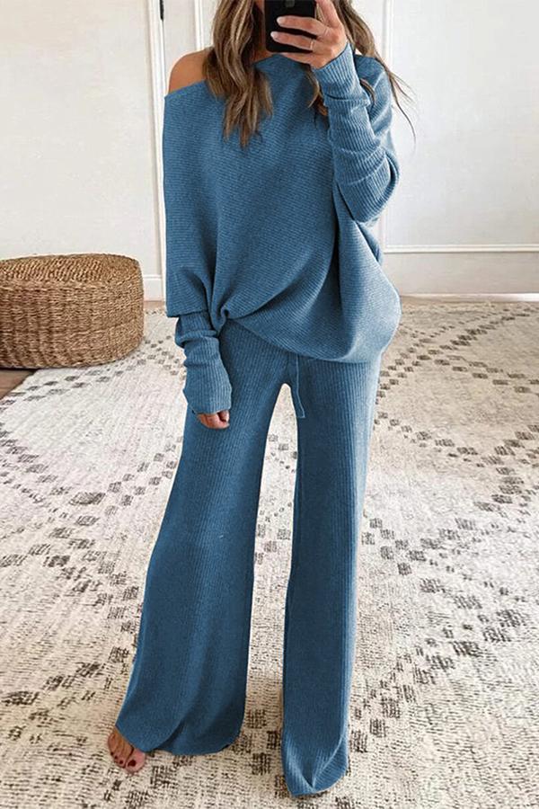 Women's solid color round neck cashmere knitted long sleeve casual two-piece suit