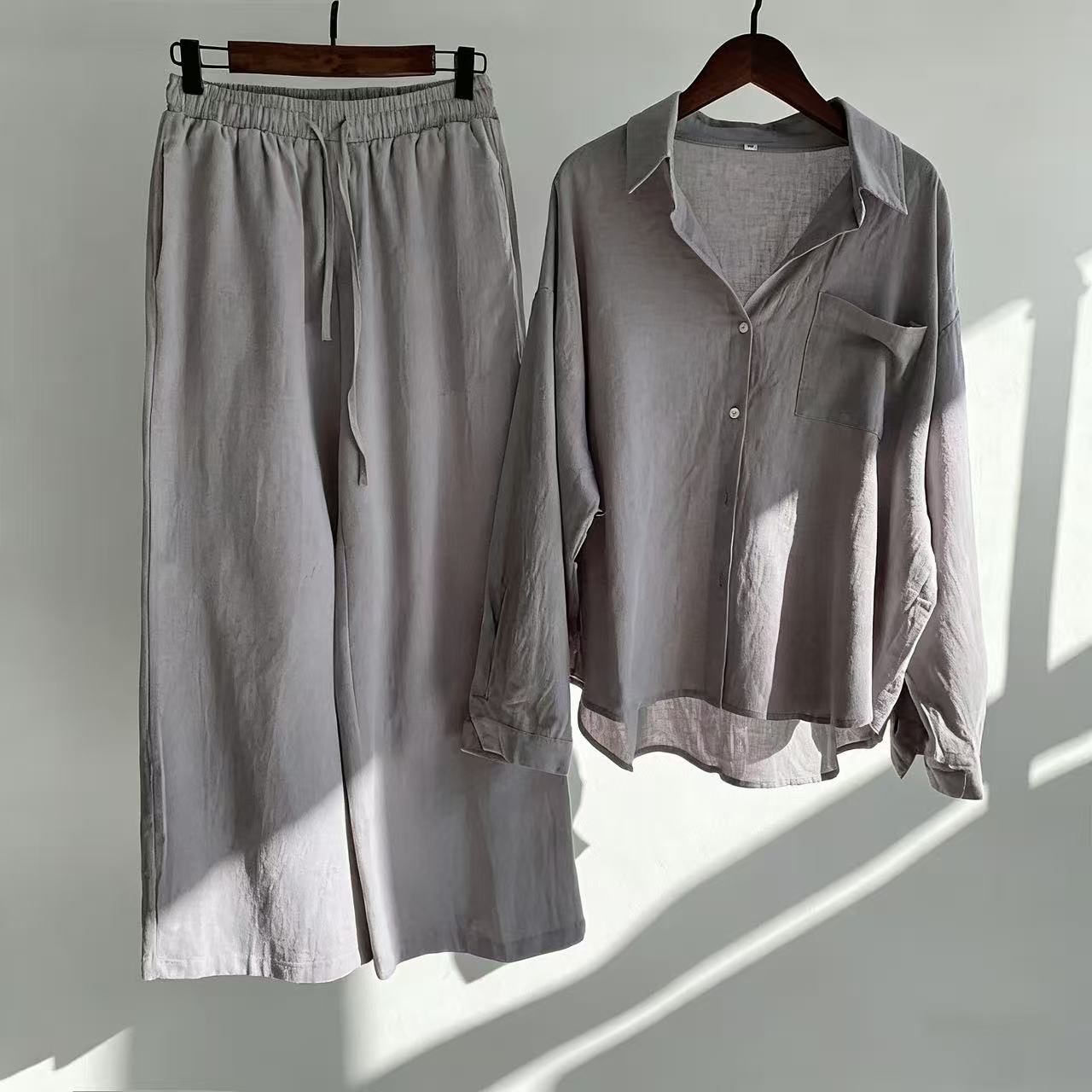 🌸Cotton and linen shirt and high-waisted trousers set