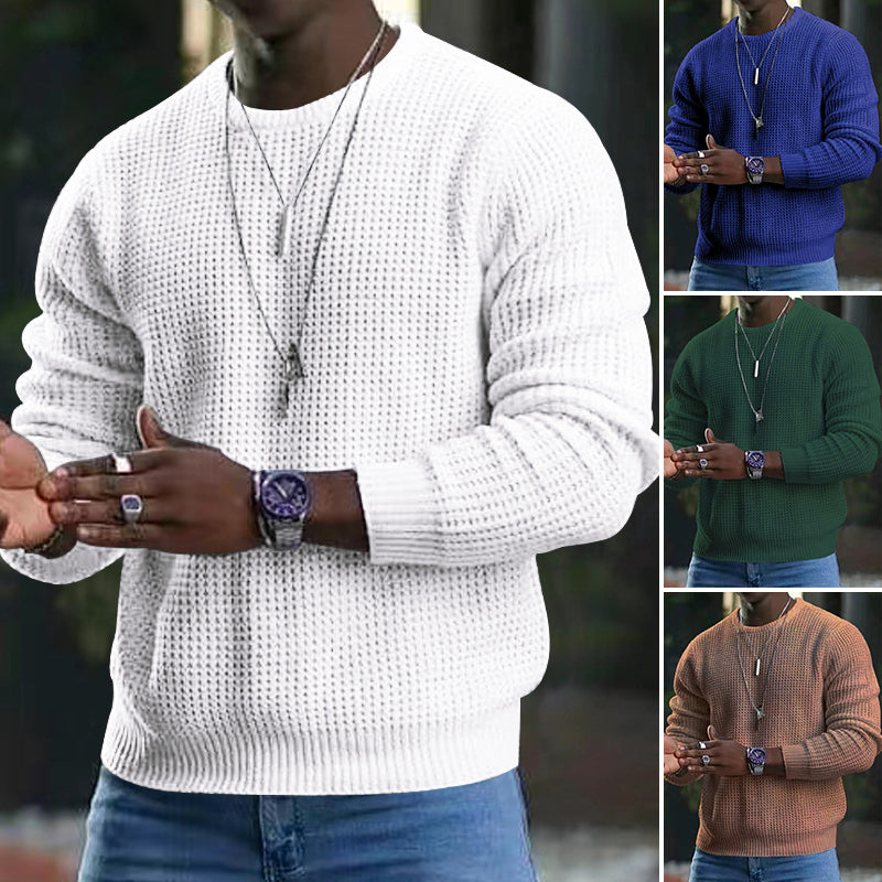 2025 Men's Long Sleeve Crew Neck Waffle Pullover