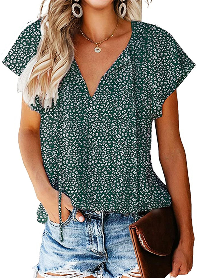 2026 Casual V-neck floral print loose-fitting simple short-sleeved top