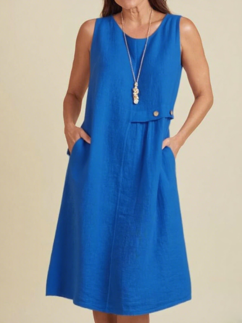 Women's Round Neck Pocket Cotton and Linen Dress