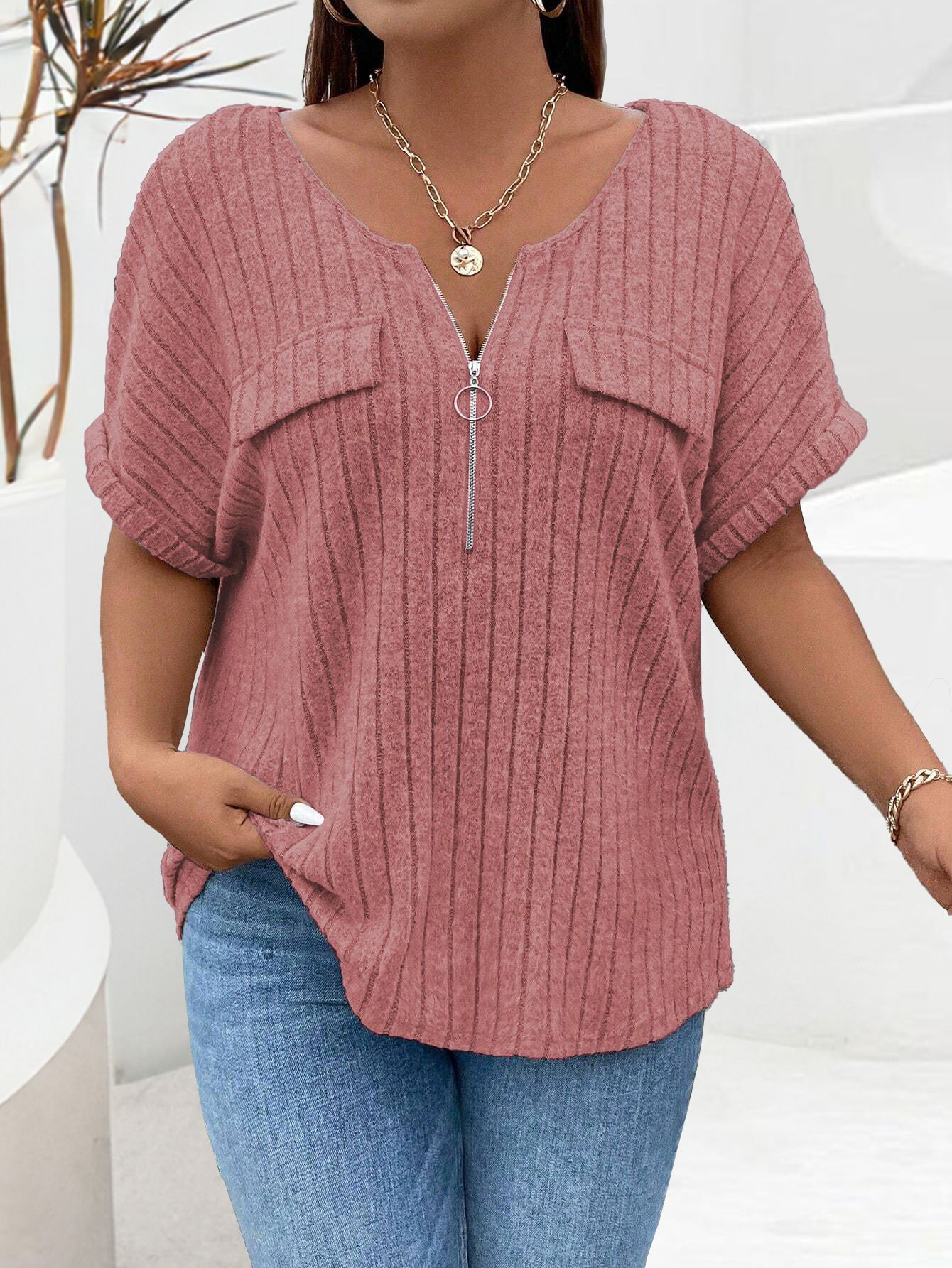 Loose zip-up short-sleeved pullover T-shirt