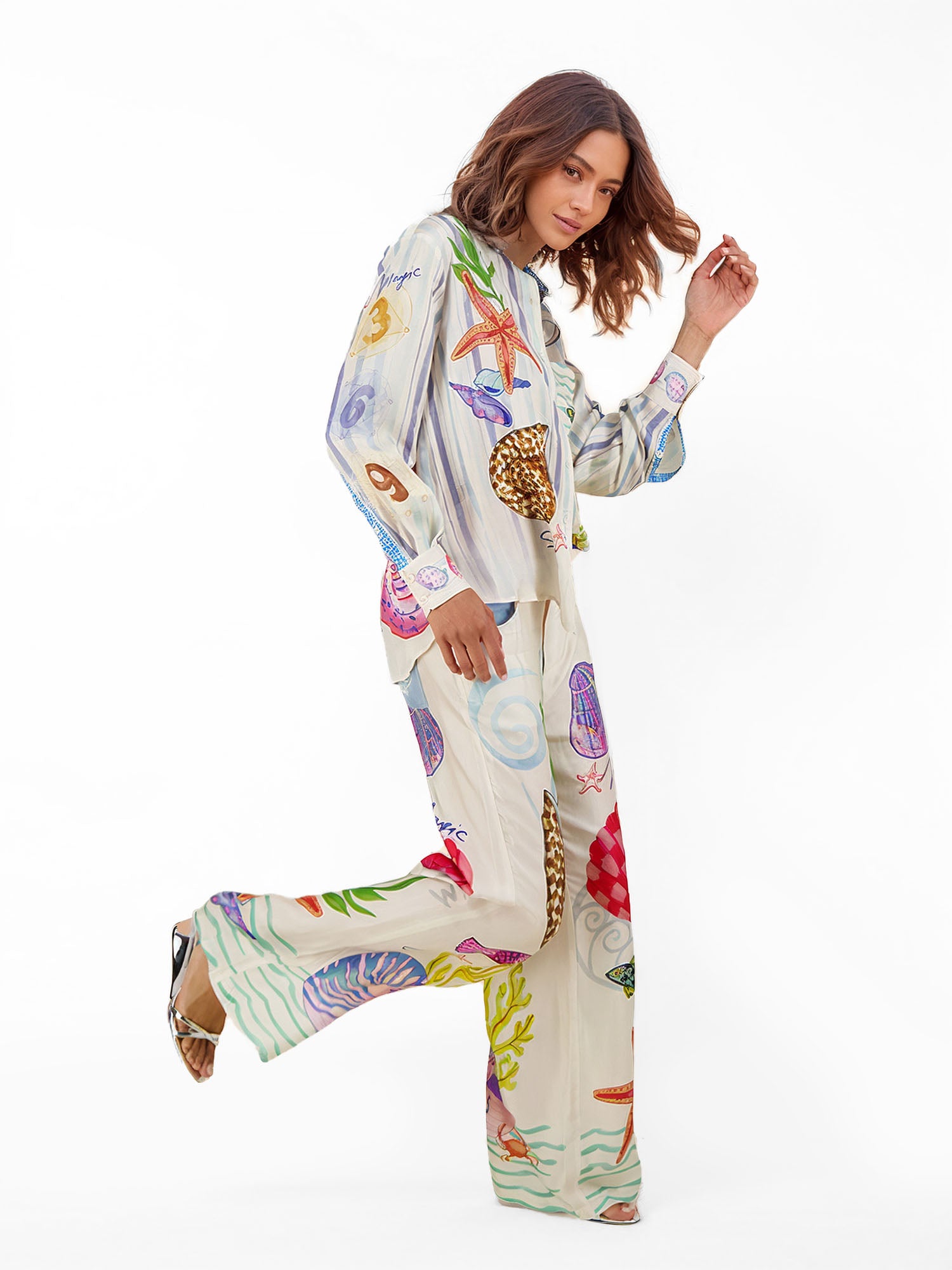 Seashell Print Belted Vacation Shirt