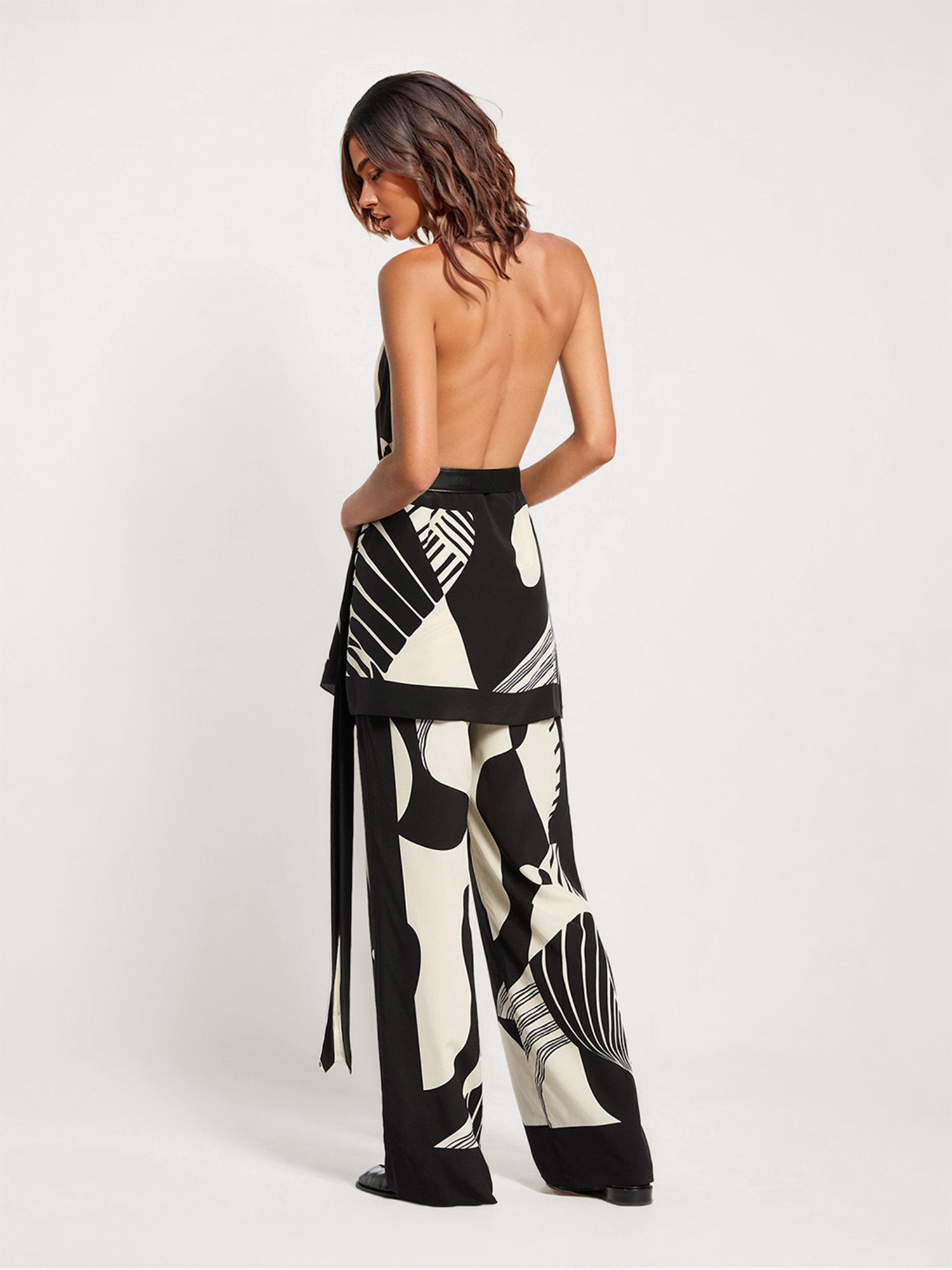 Abstract Black and White Print Wide-Leg Pants