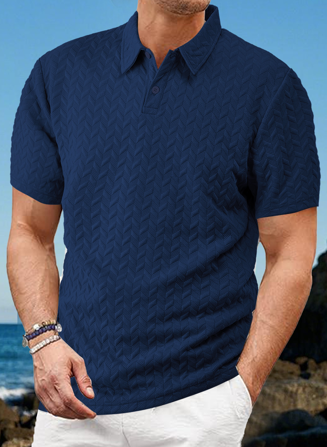 Casual solid color breathable jacquard POLO shirt