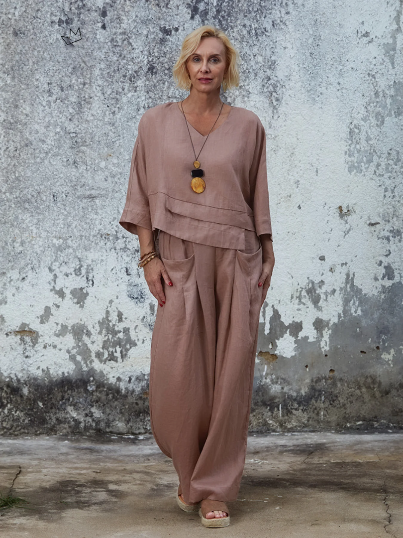 Women's 100% Linen Asymmetric Top and Pats Sets