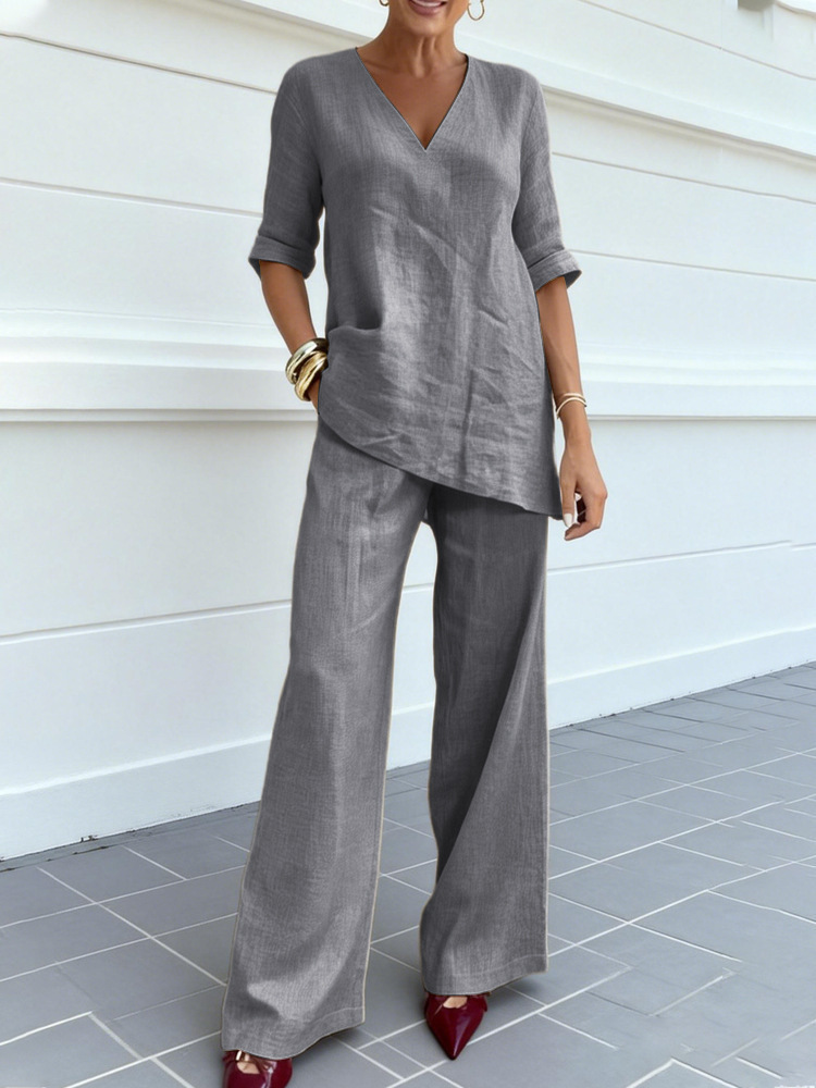 2026 Casual V-neck Solid Color Cotton Linen Wide-Leg Pants Two-Piece Set