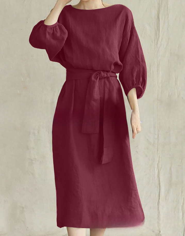 2026 Mid-length Tie-waist Solid Color Round Neck Dress