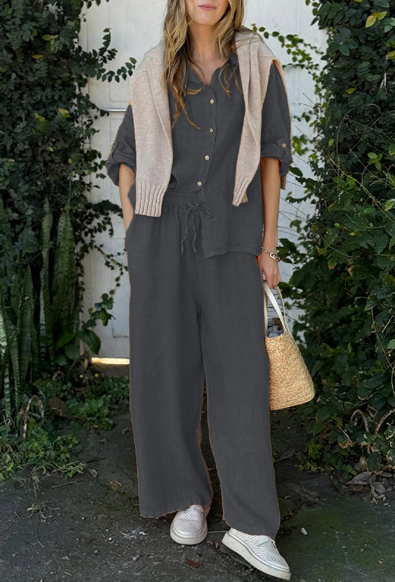 Comfortable Cotton and linen casual solid color 2-piece Set