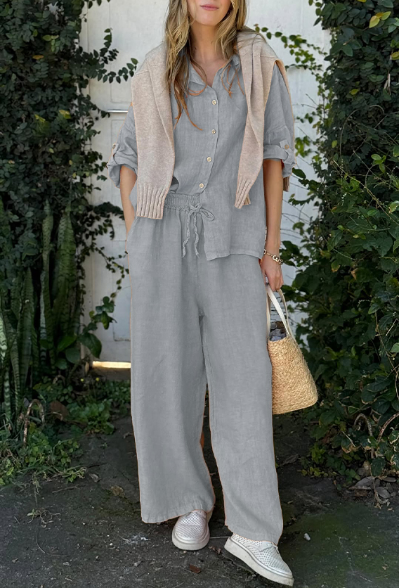 Comfortable Cotton and linen casual solid color 2-piece Set