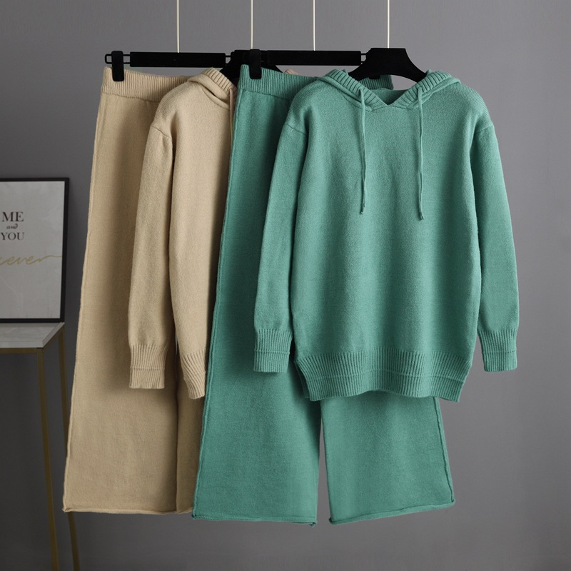 2025 Loose-fitting Casual Hooded Thick Wool Straight Wide-leg Two-piece set