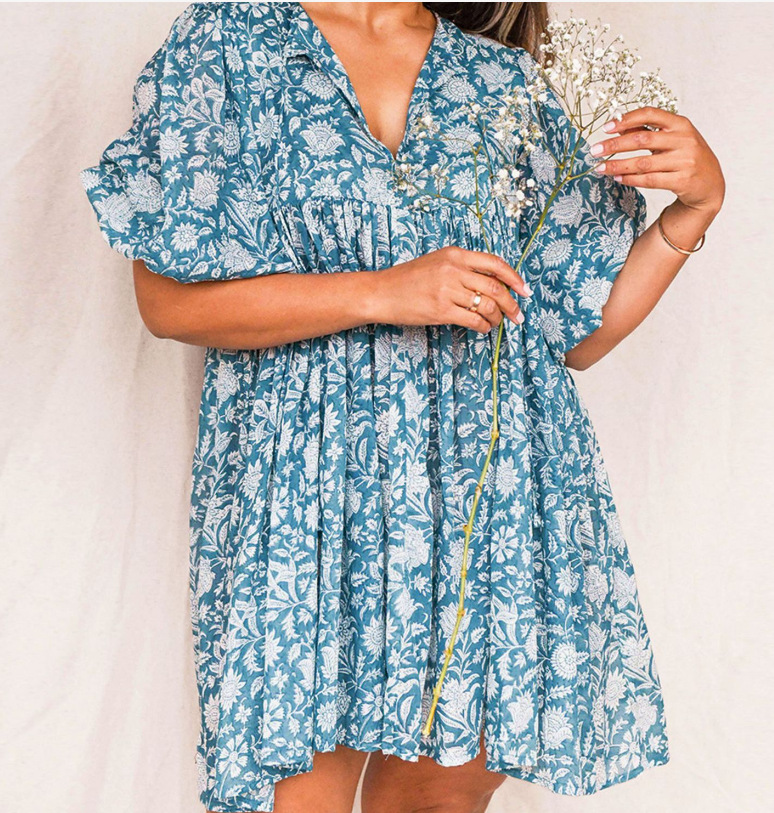 2026 Loose-fitting, tie-up, retro-style printed dress