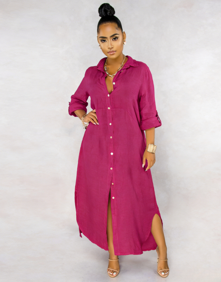 2026🔥 Three-quarter sleeve rolled hem side slit shirt dress