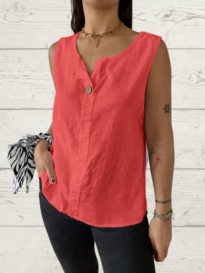 Women's Casual Cotton and Linen Solid Color Button Loose Top