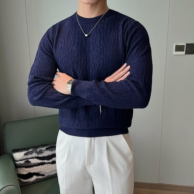 2026 Autumn/Winter Casual Crew Neck Jacquard Knit Sweater with Fleece Lining