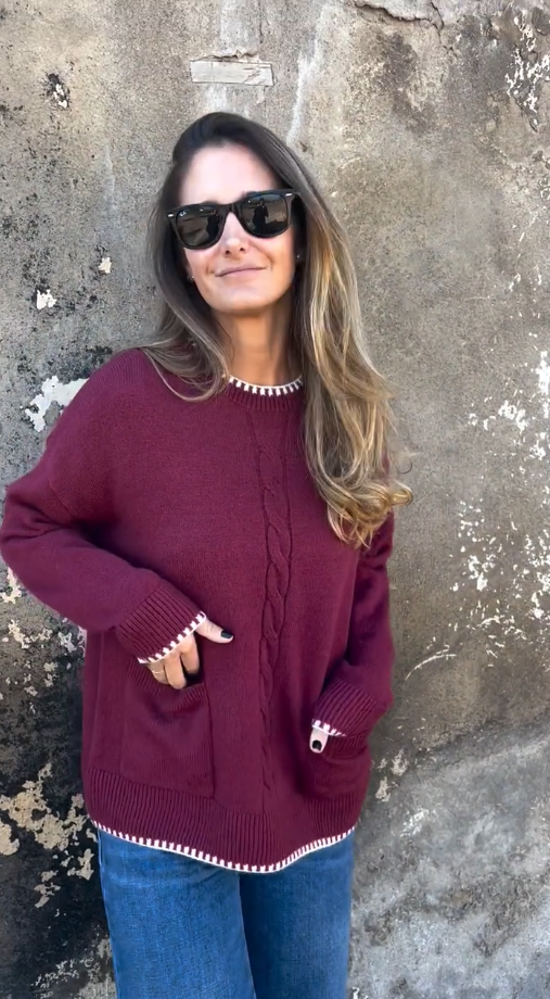 CLEARANCE SALE🔥2025 Round Neck Loose Knitted Contrast Pocket Sweater