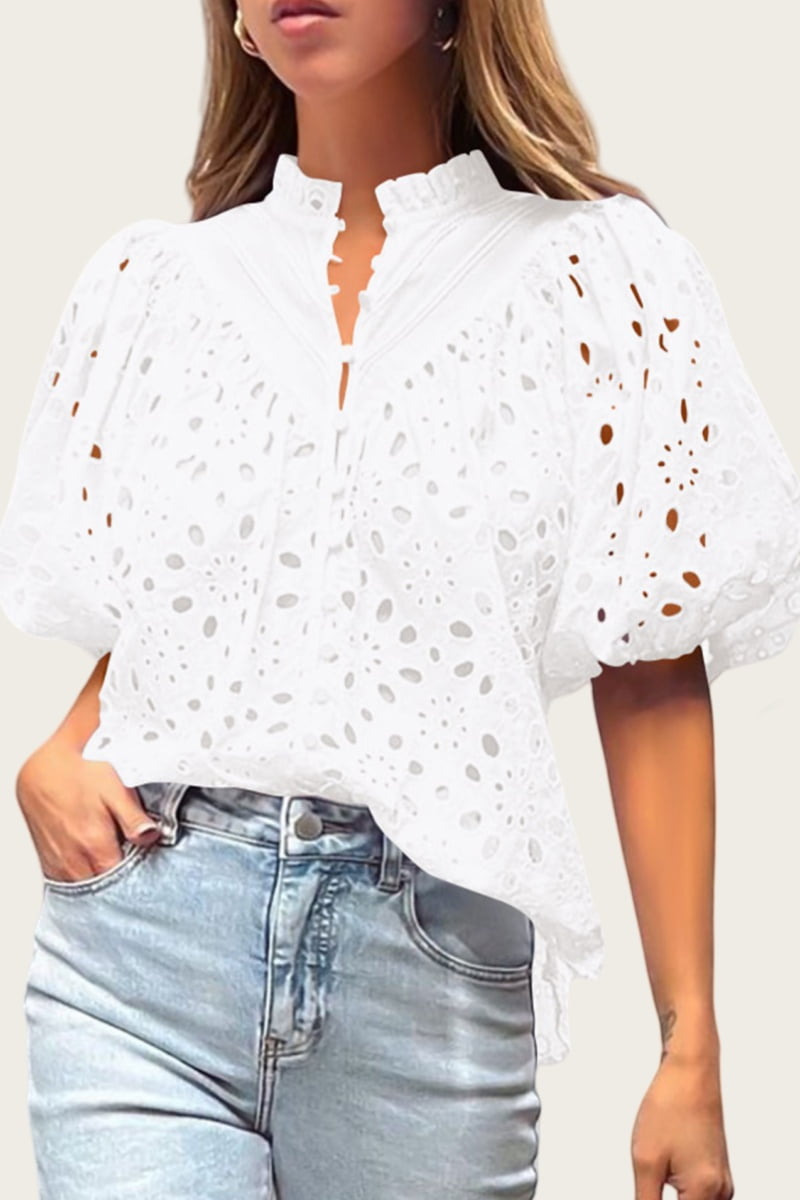 Short Lantern Sleeve Button Hollow Lace Embroidery Shirt