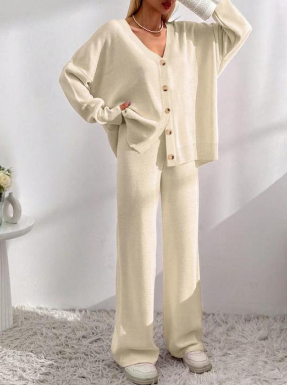 2025🎄 Solid Color Button-Down Drop Shoulder Cashmere Cardigan Set