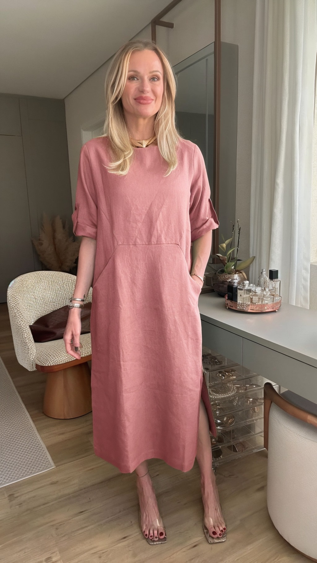 Women's Cotton linen casual dress with pocket