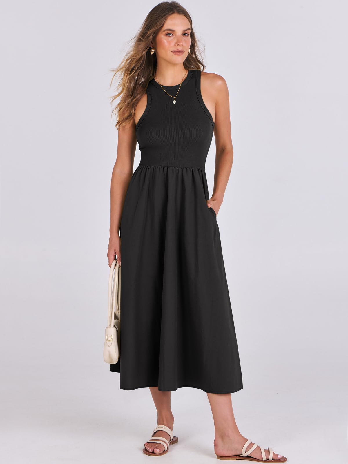 Women's Summer Casual Sleeveless Midi Sundress Knit High Neck Tank Top Racerback Flowy Dresses