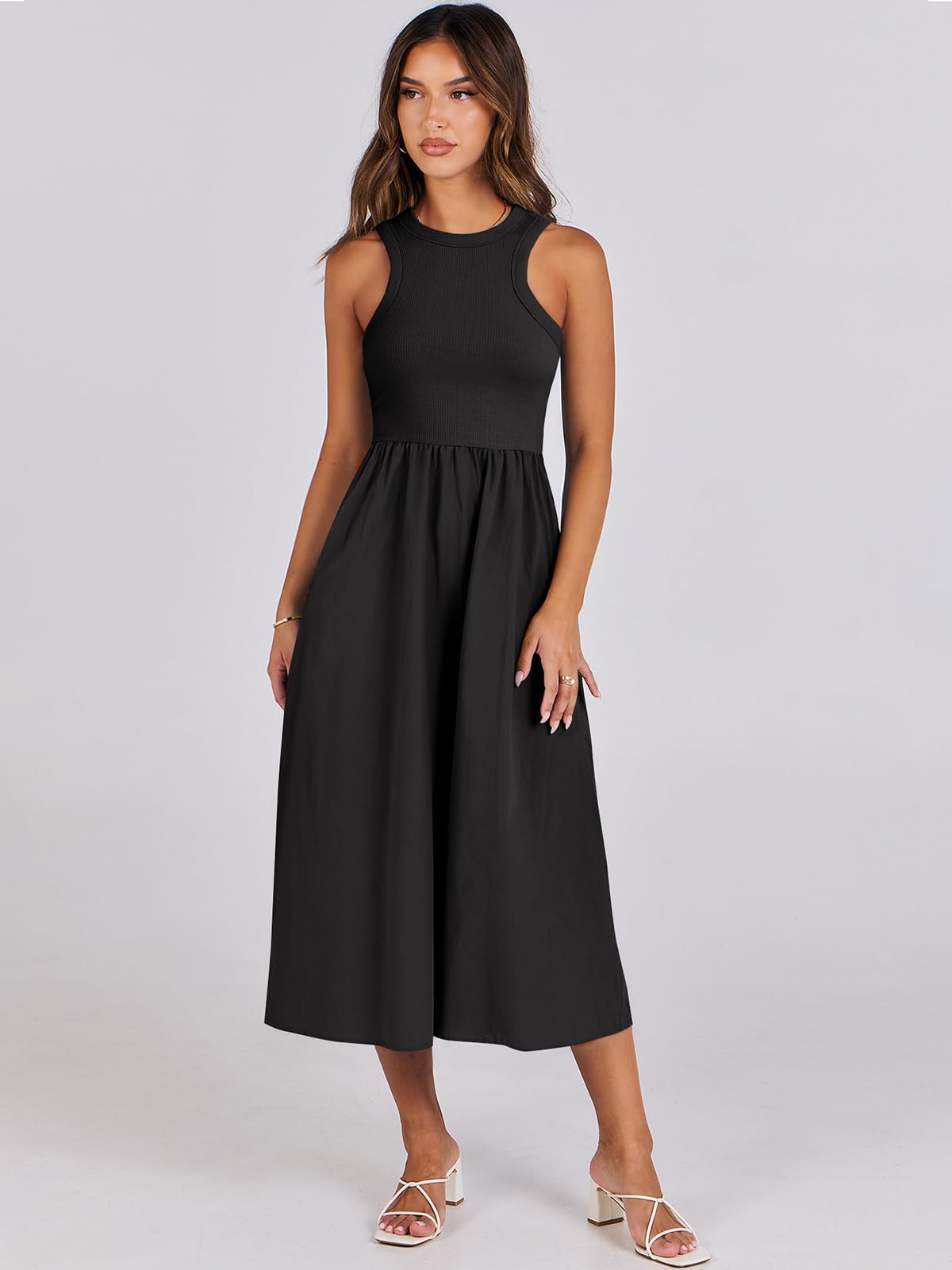 Women's Summer Casual Sleeveless Midi Sundress Knit High Neck Tank Top Racerback Flowy Dresses