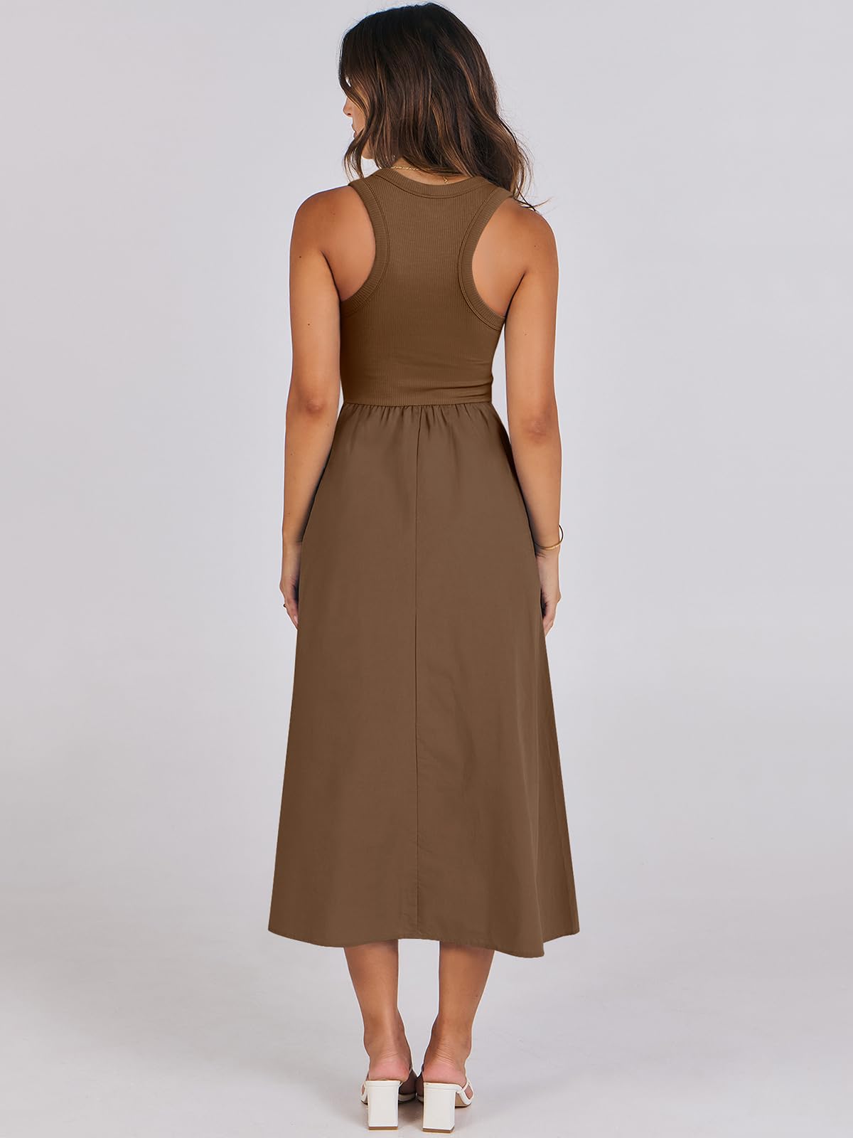 Women's Summer Casual Sleeveless Midi Sundress Knit High Neck Tank Top Racerback Flowy Dresses