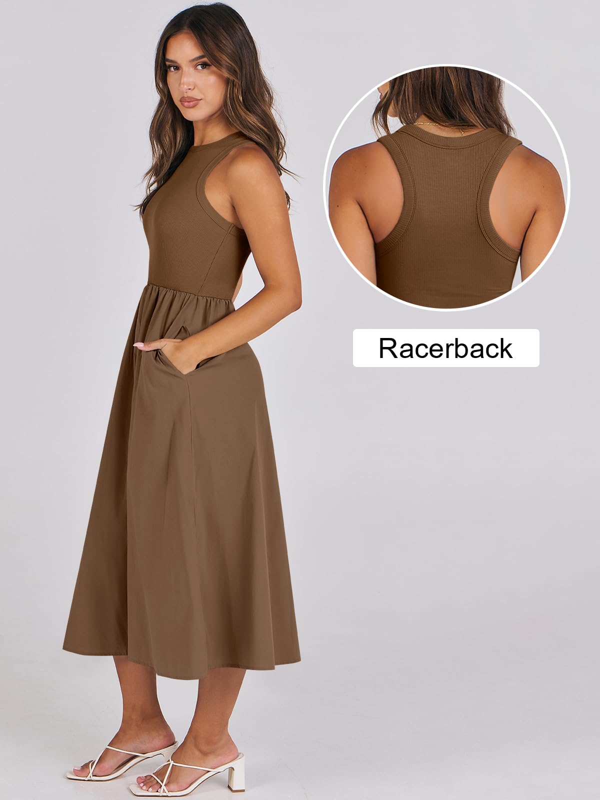 Women's Summer Casual Sleeveless Midi Sundress Knit High Neck Tank Top Racerback Flowy Dresses