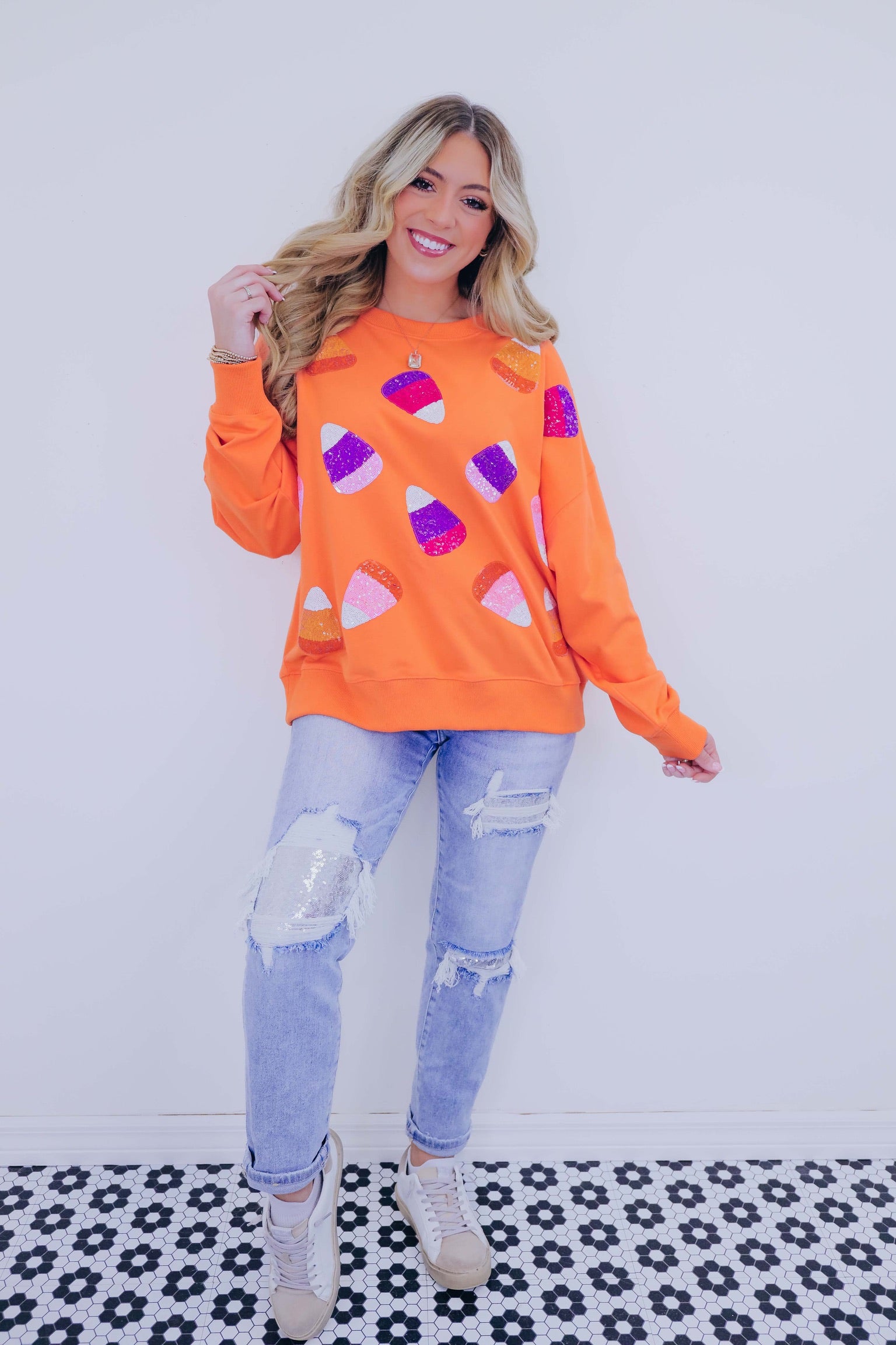 🔥Halloween🔥 Candy Corn Sequin Embellished Sweatshirt