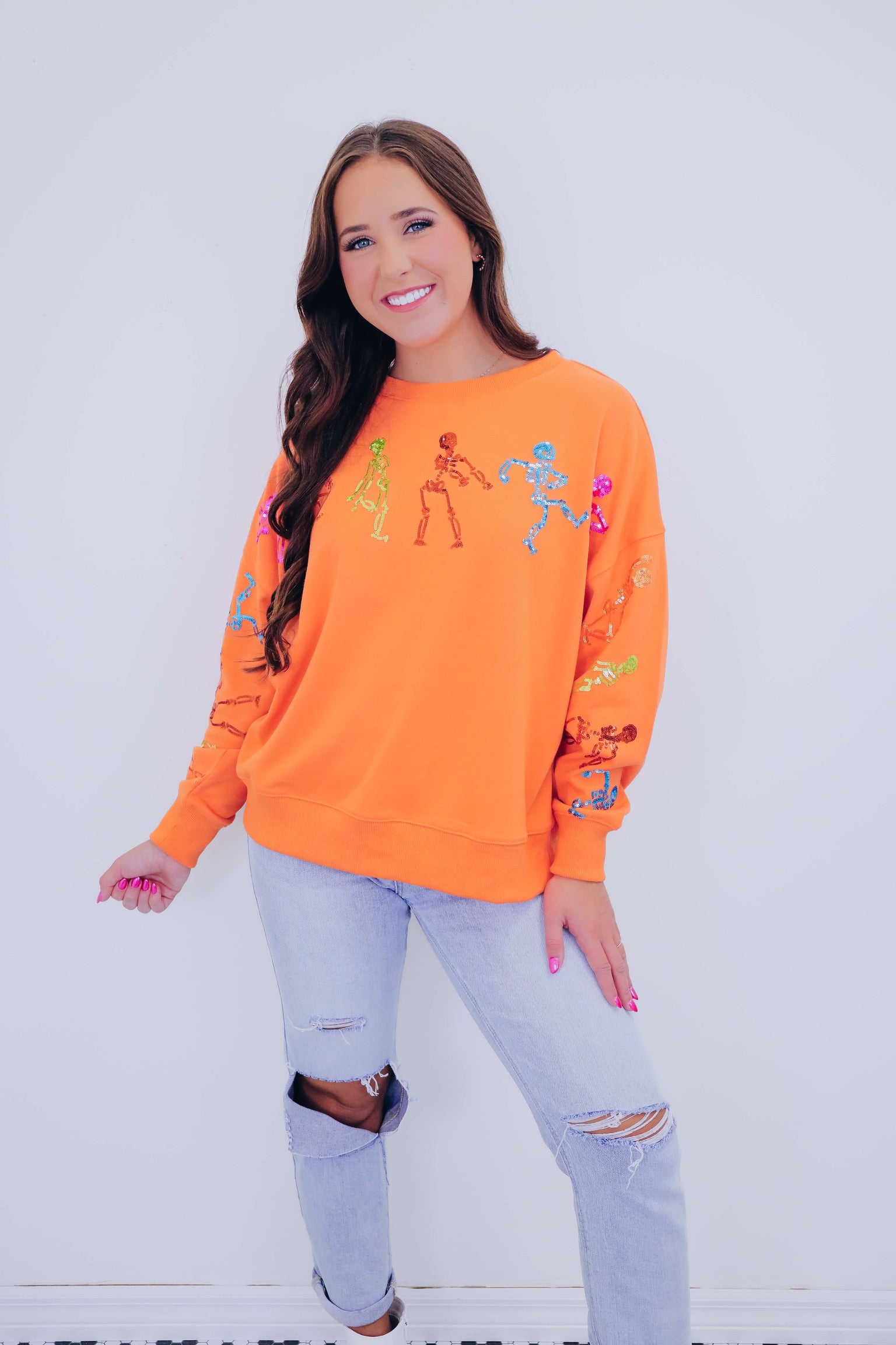 🔥Halloween👻Dancing Skeleton Sequin Embellished Sweatshirt🎃