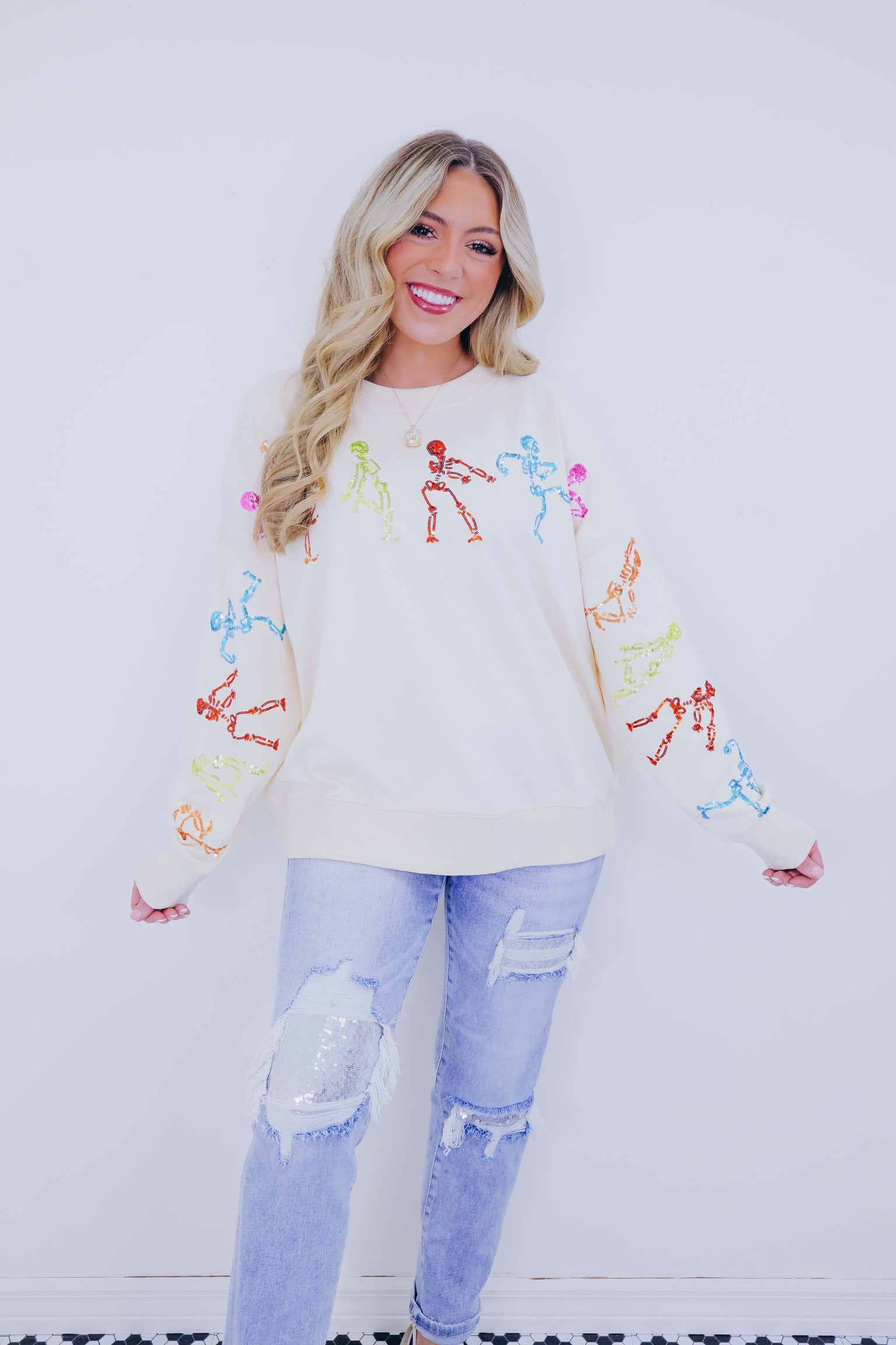 🔥Halloween👻Dancing Skeleton Sequin Embellished Sweatshirt🎃