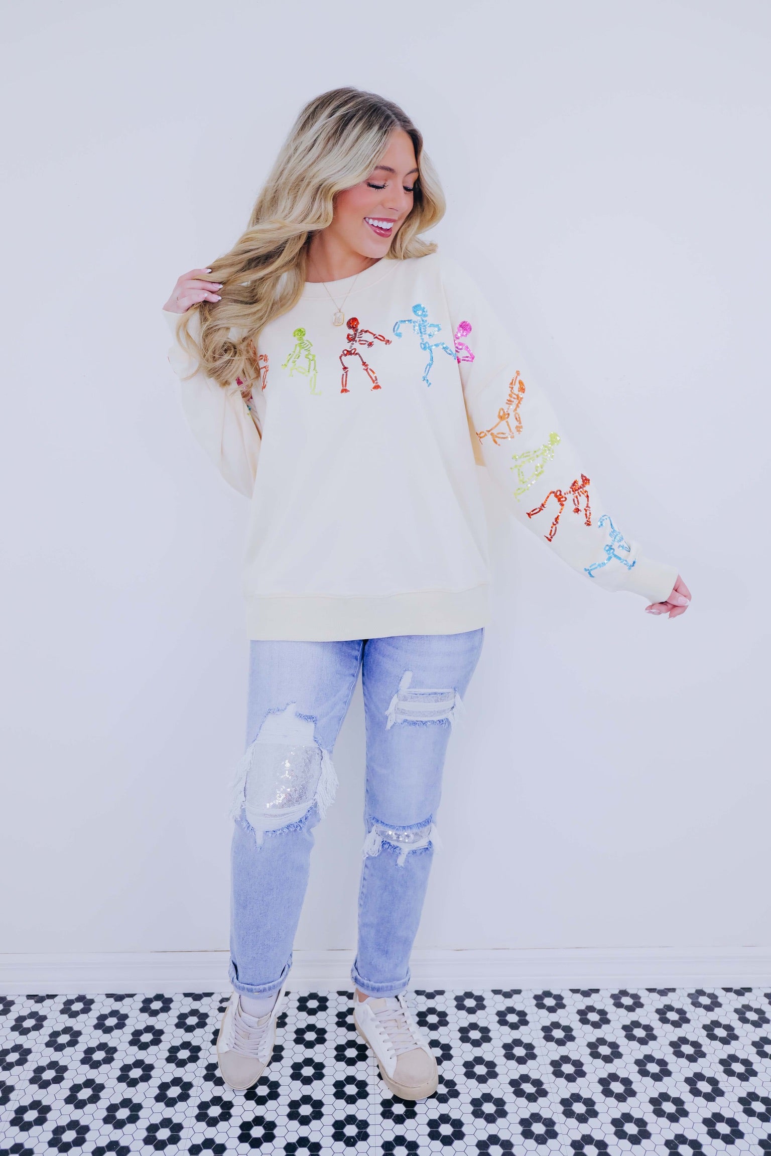🔥Halloween👻Dancing Skeleton Sequin Embellished Sweatshirt🎃