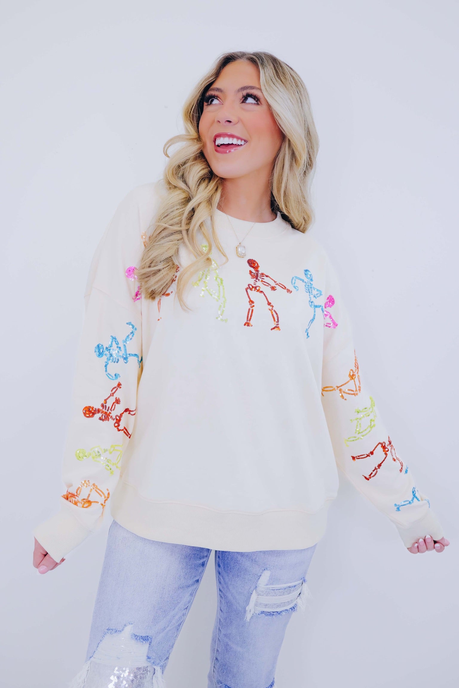 🔥Halloween👻Dancing Skeleton Sequin Embellished Sweatshirt🎃