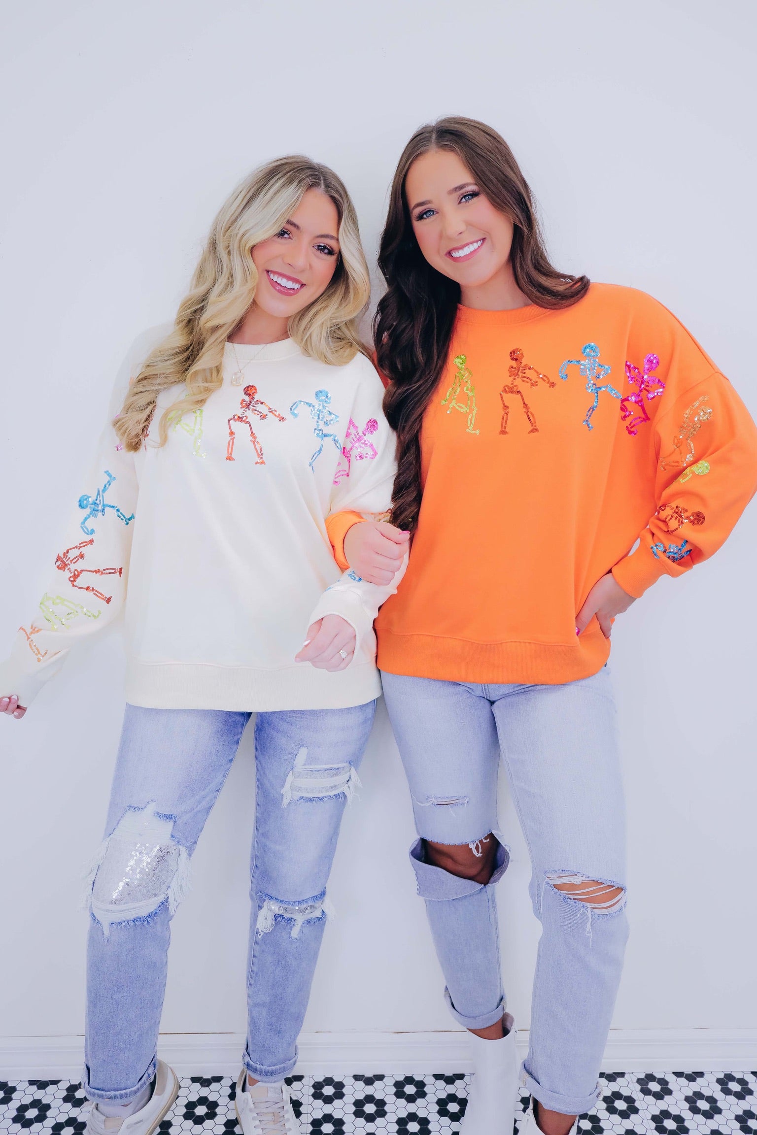 🔥Halloween👻Dancing Skeleton Sequin Embellished Sweatshirt🎃