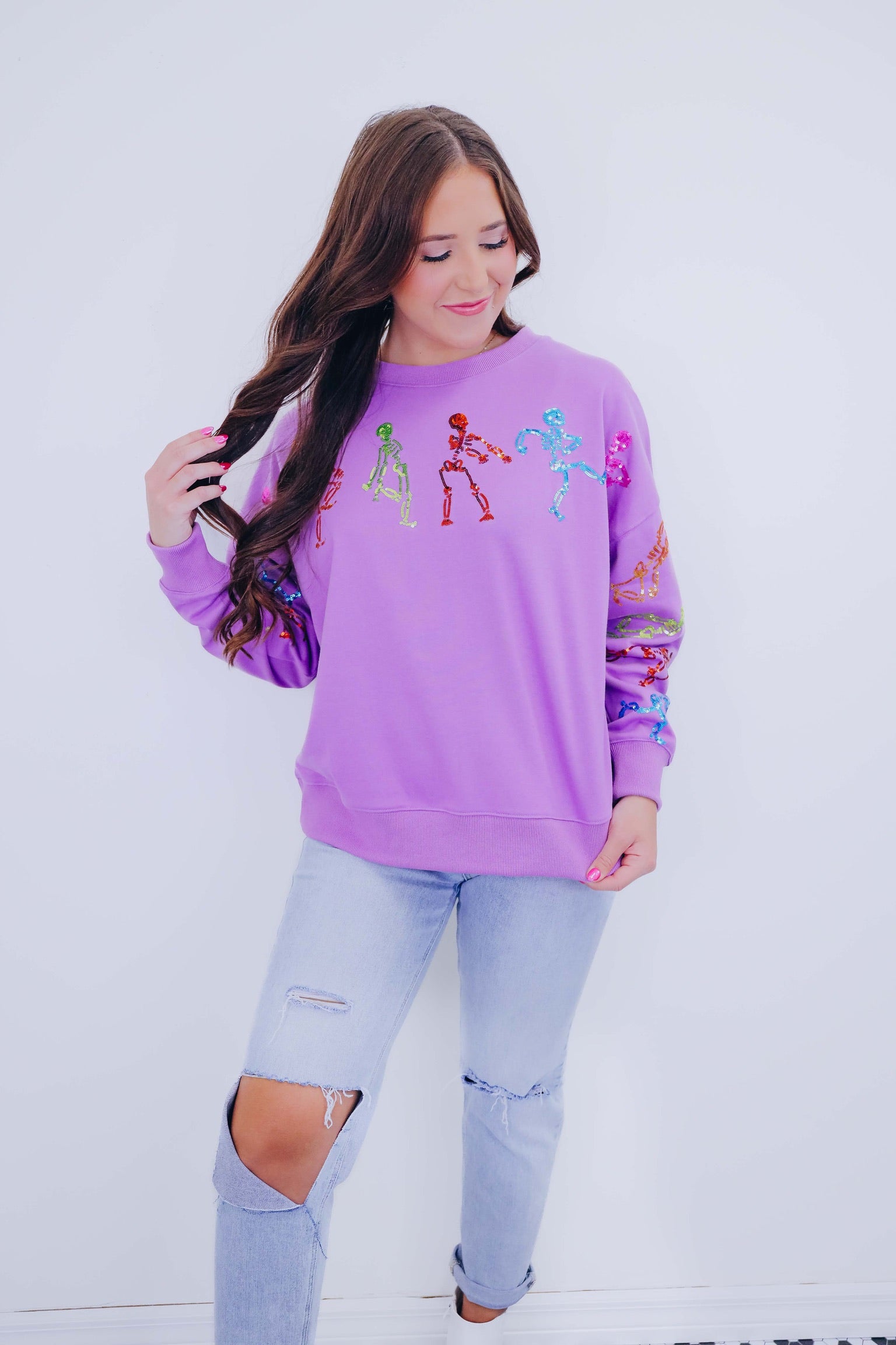 🔥Halloween👻Dancing Skeleton Sequin Embellished Sweatshirt🎃