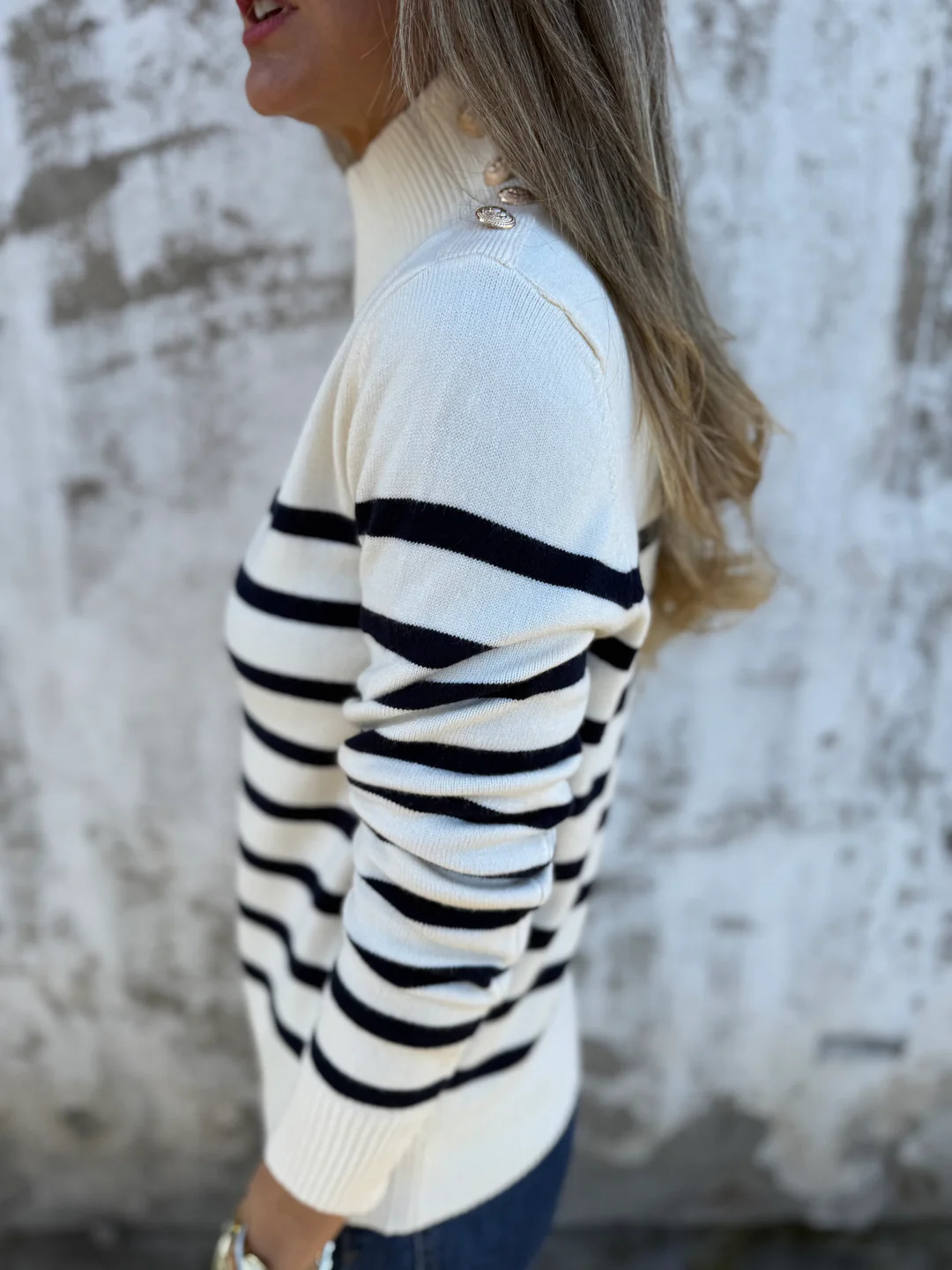 2025 New🔥Casual Loose Striped High Neck Button Women's Knitted Sweater Top