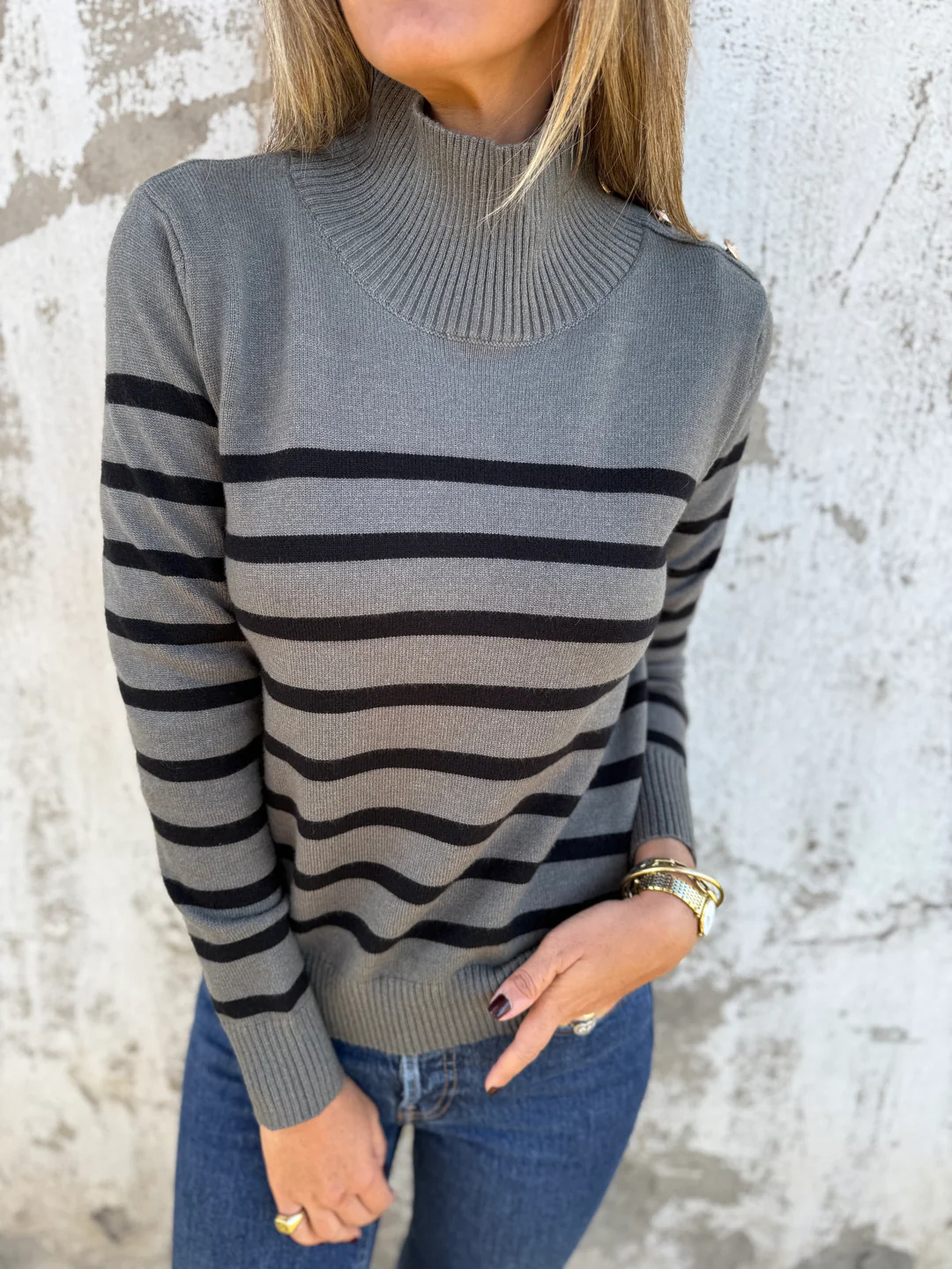 2025 New🔥Casual Loose Striped High Neck Button Women's Knitted Sweater Top