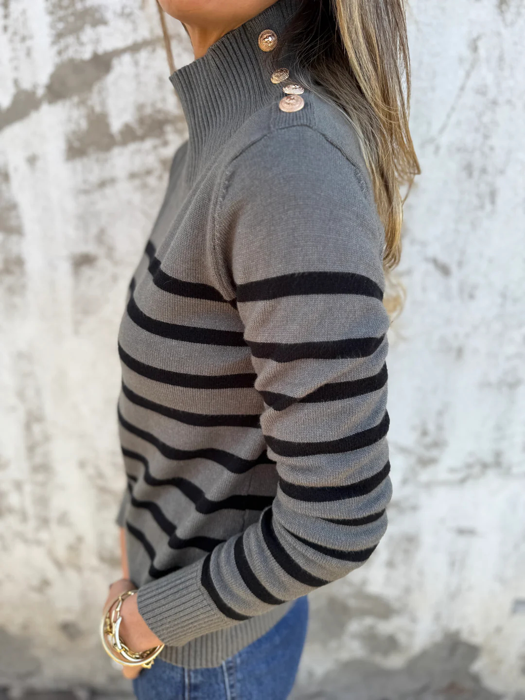 2025 New🔥Casual Loose Striped High Neck Button Women's Knitted Sweater Top