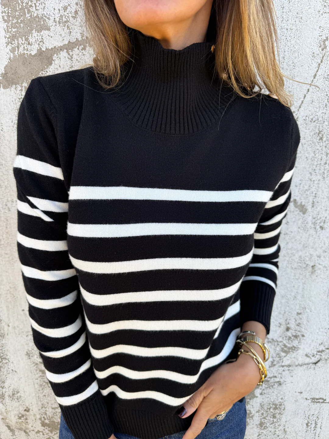 2025 New🔥Casual Loose Striped High Neck Button Women's Knitted Sweater Top