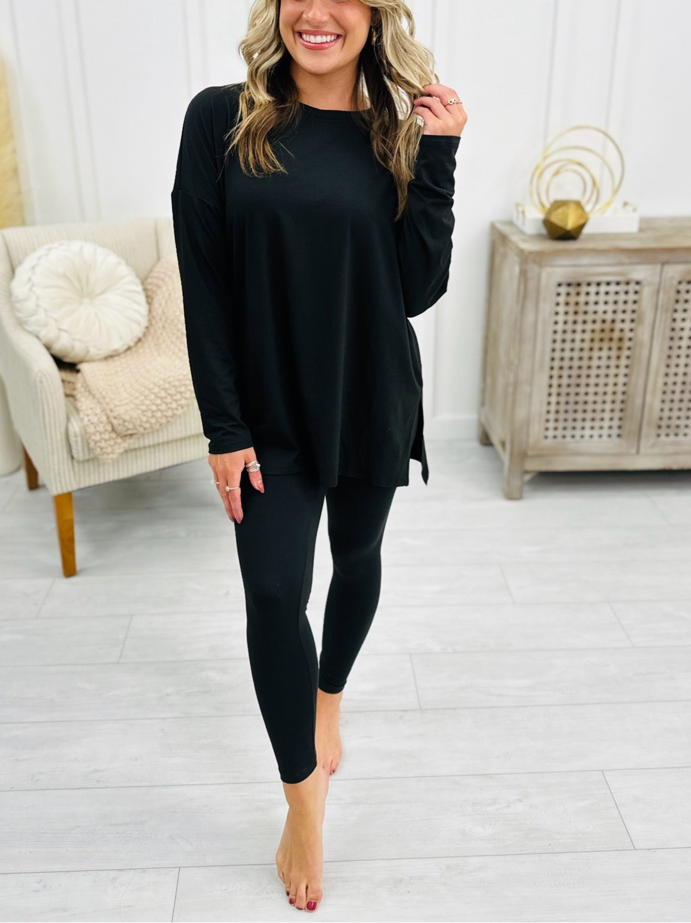 Women's Buttery Soft Microfiber Long Sleeve Side Slit Loungewear Set