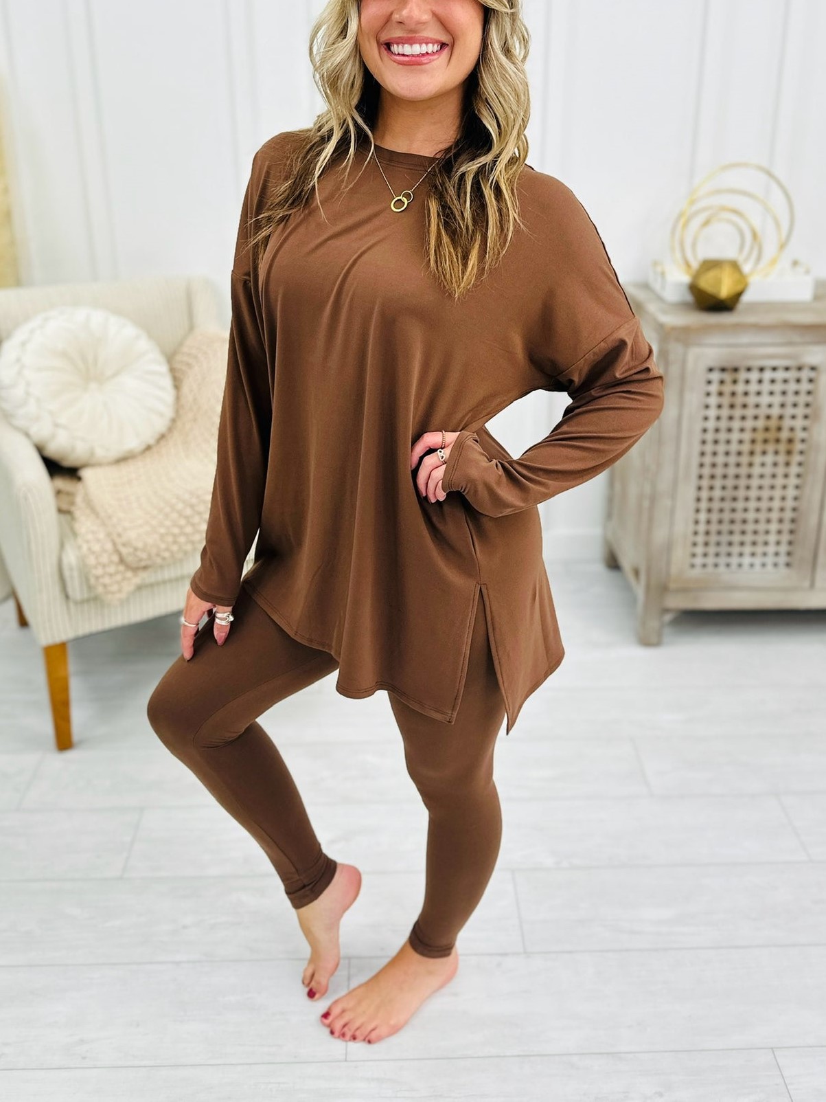 Women's Buttery Soft Microfiber Long Sleeve Side Slit Loungewear Set