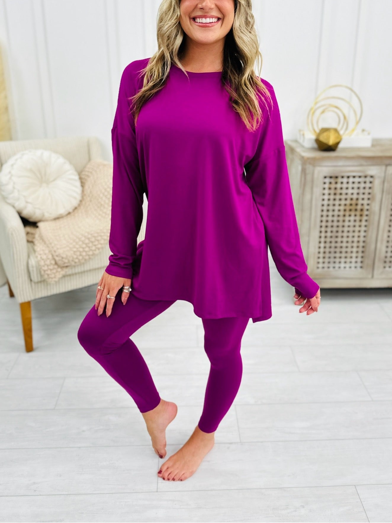 Women's Buttery Soft Microfiber Long Sleeve Side Slit Loungewear Set