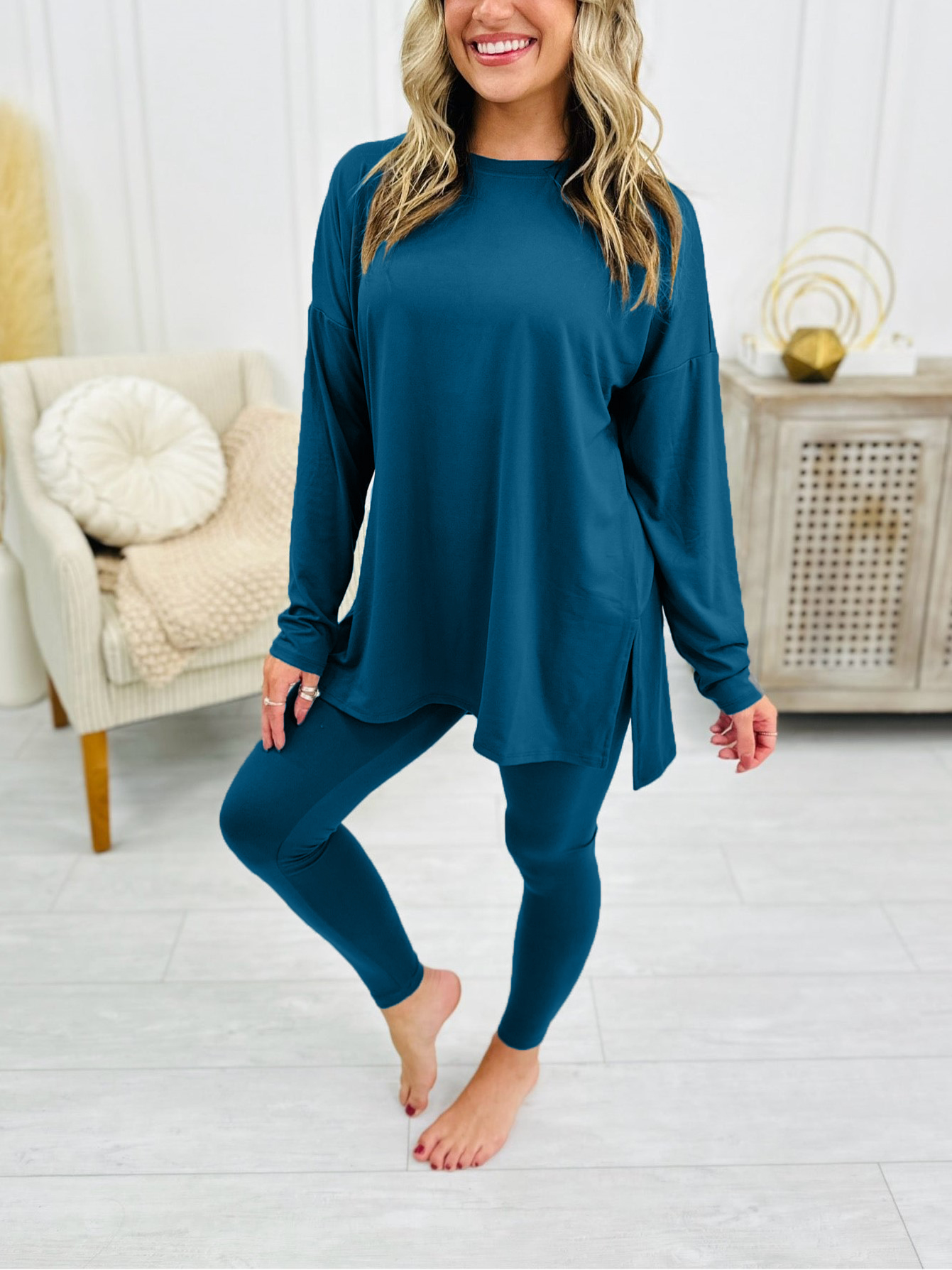 Women's Buttery Soft Microfiber Long Sleeve Side Slit Loungewear Set