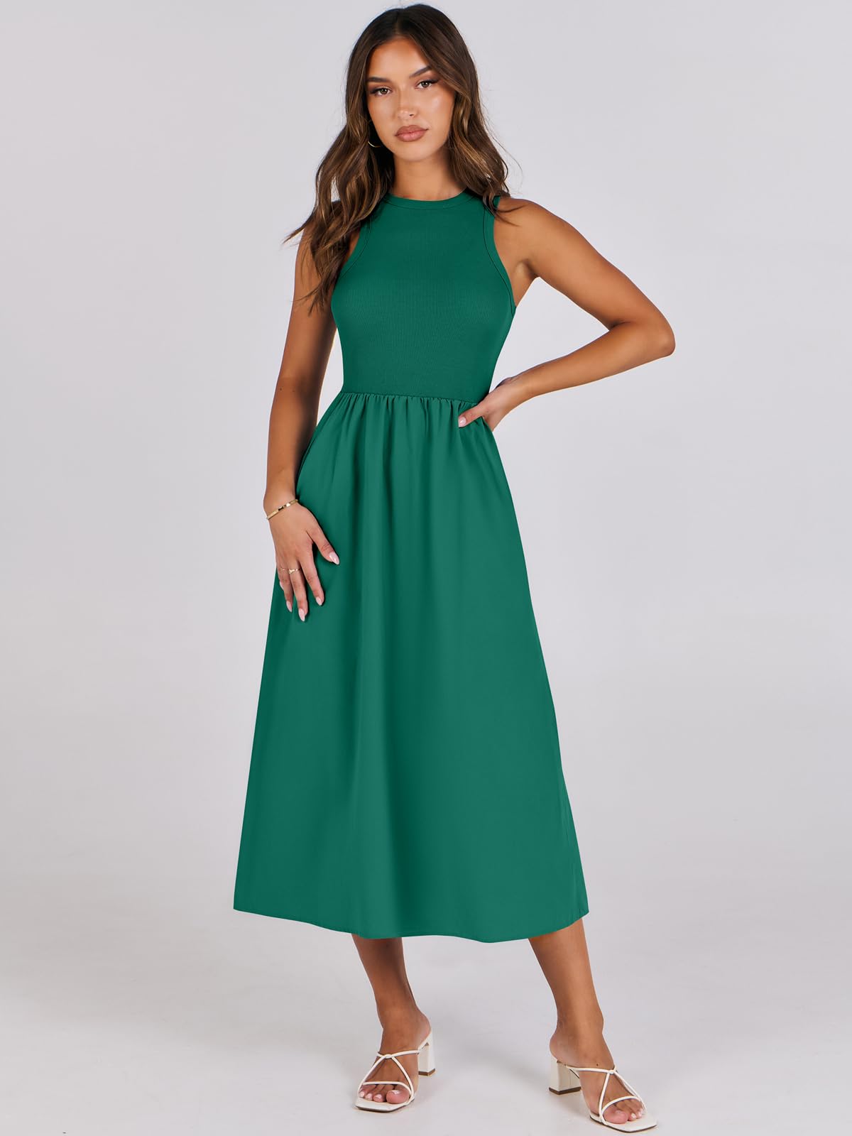 Women's Summer Casual Sleeveless Midi Sundress Knit High Neck Tank Top Racerback Flowy Dresses