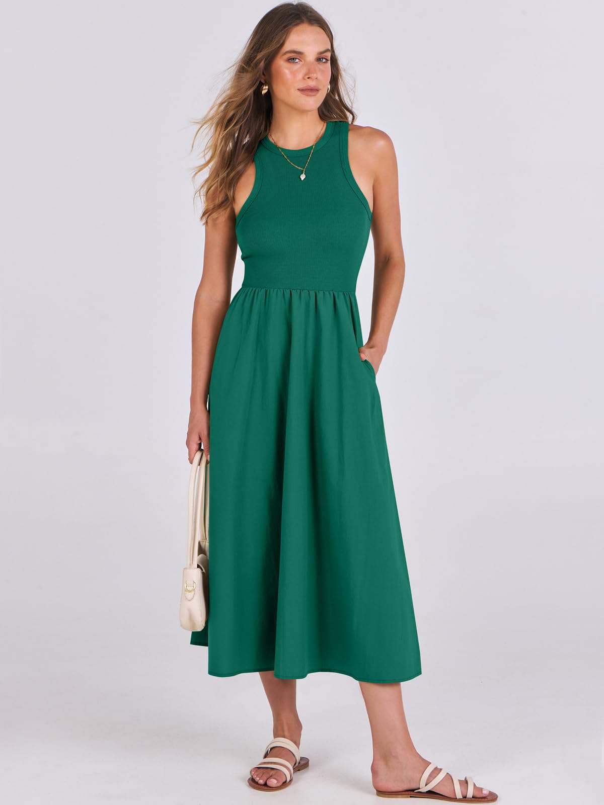 Women's Summer Casual Sleeveless Midi Sundress Knit High Neck Tank Top Racerback Flowy Dresses