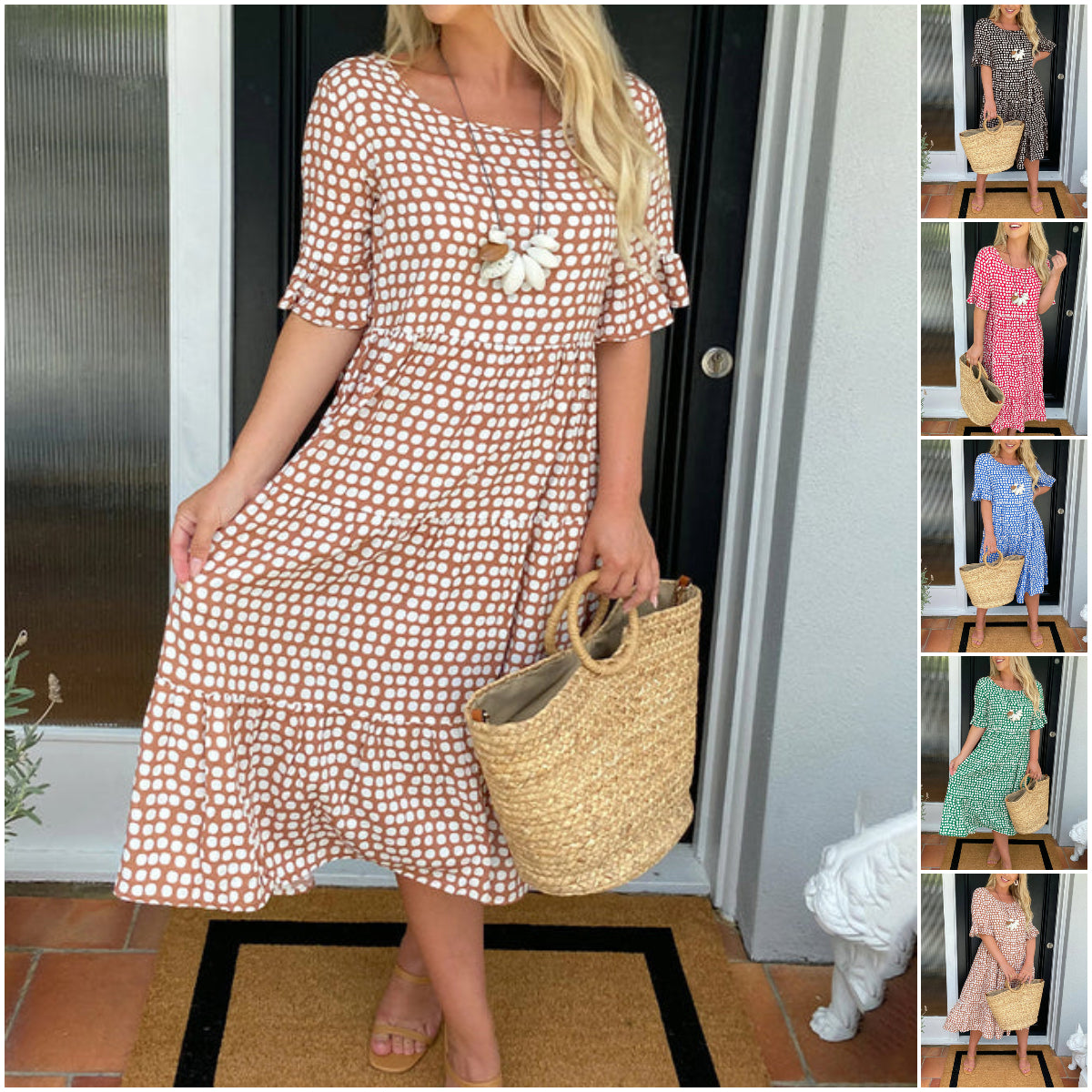 Round Neck Polka Dot Print Midi Dress