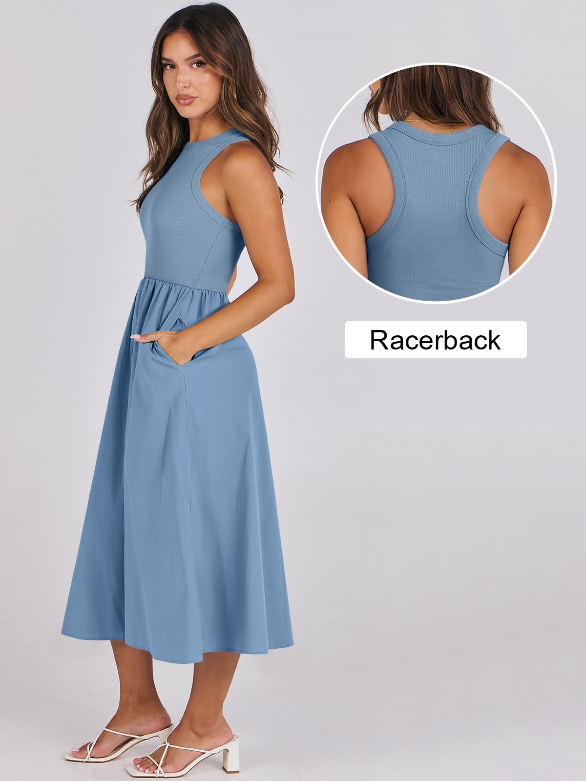 Women's Summer Casual Sleeveless Midi Sundress Knit High Neck Tank Top Racerback Flowy Dresses