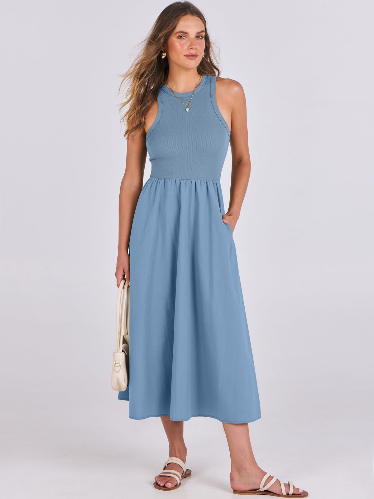 Women's Summer Casual Sleeveless Midi Sundress Knit High Neck Tank Top Racerback Flowy Dresses