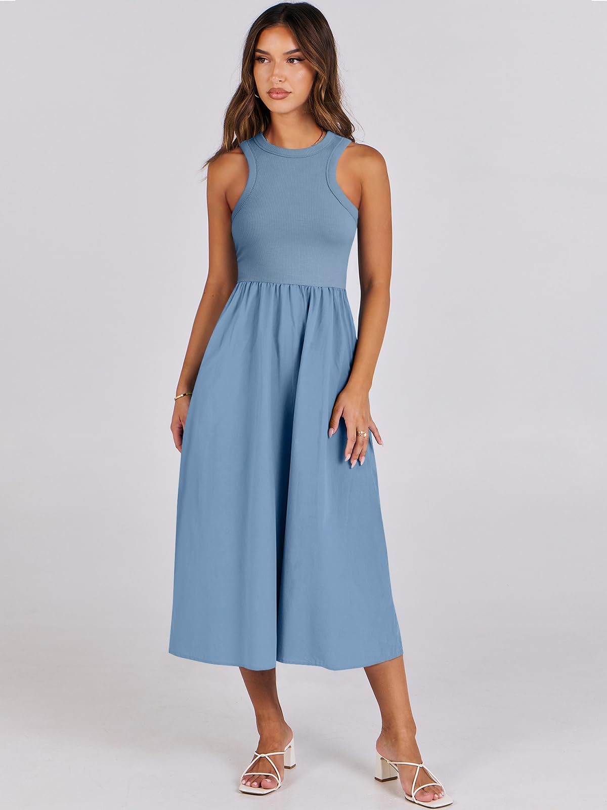 Women's Summer Casual Sleeveless Midi Sundress Knit High Neck Tank Top Racerback Flowy Dresses