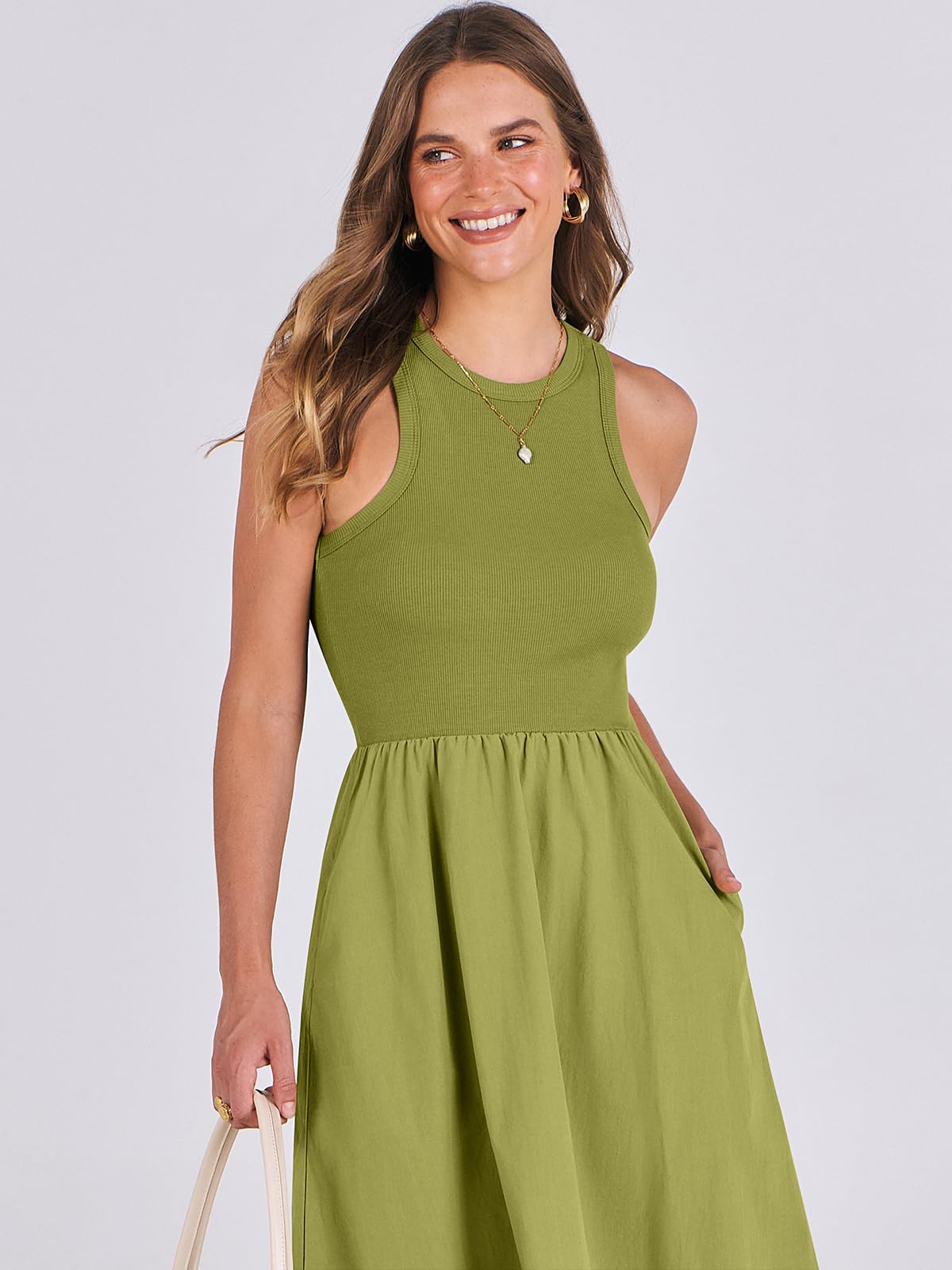 Women's Summer Casual Sleeveless Midi Sundress Knit High Neck Tank Top Racerback Flowy Dresses